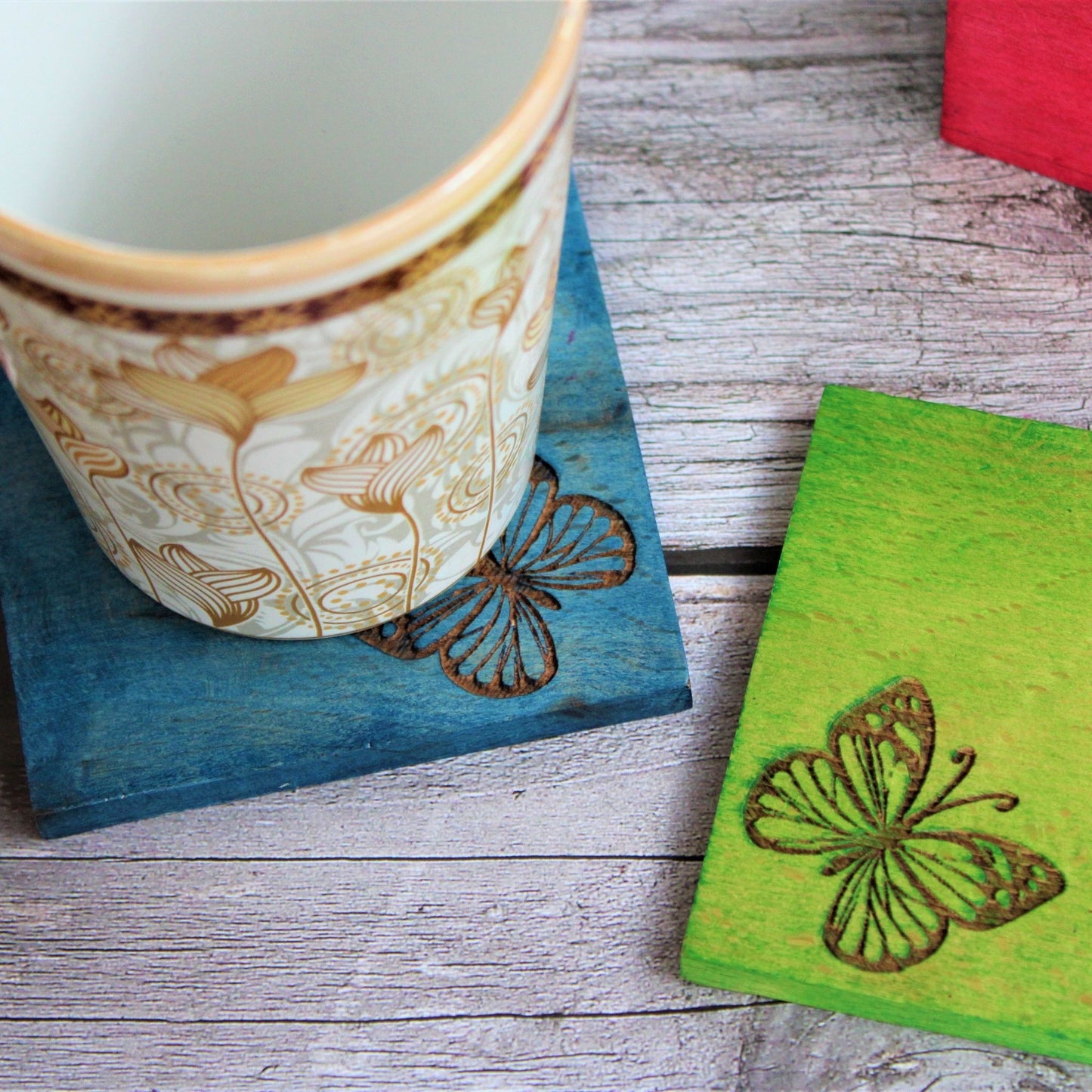 Handcrafted Wooden Laser Engraved Butterfly Design Coaster Set Multicoloured