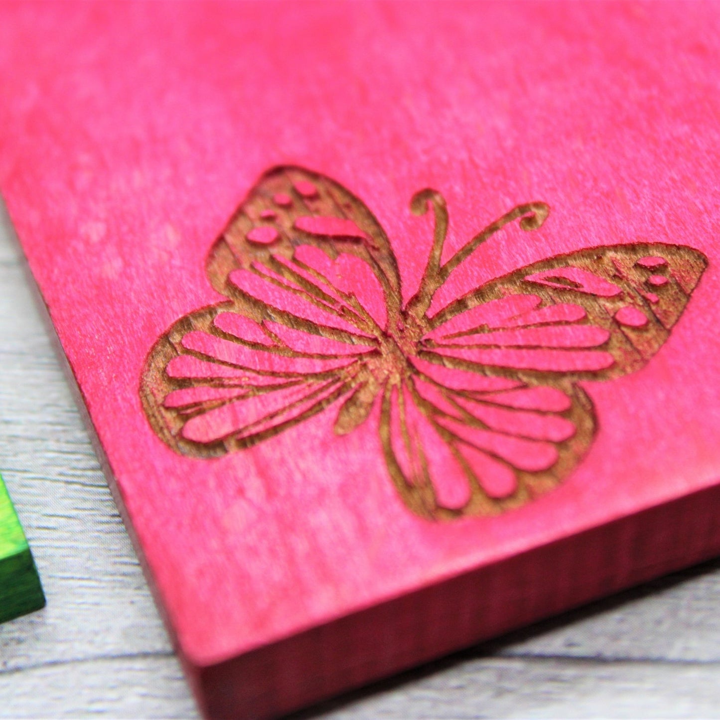 Handcrafted Wooden Laser Engraved Butterfly Design Coaster Set Multicoloured