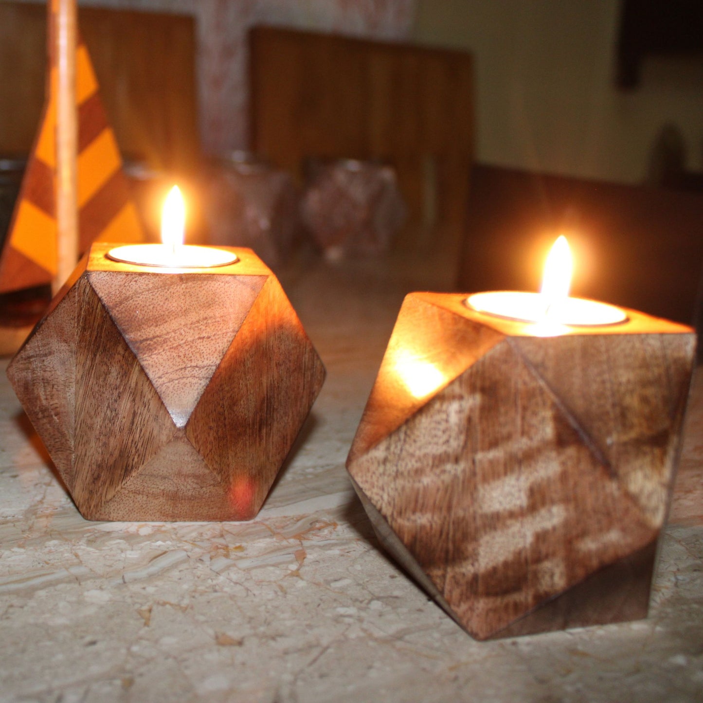 Handcrafted Diamond Shaped Antique Look Wooden Tea Lights Holder