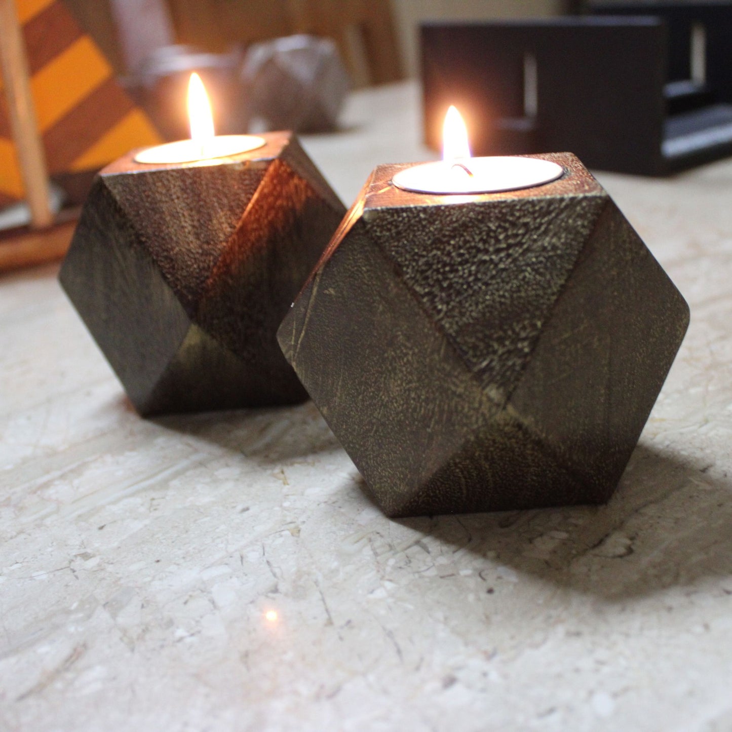 Handcrafted Diamond Shaped Antique Look Wooden Tea Lights Holder