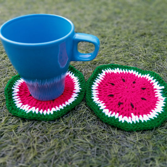 Hand Crocheted Fruit Inspired Coasters. Watermelon Design.  These can be customised as per requirements from buyers. We can customize colours, designs, themes and sizes for these.