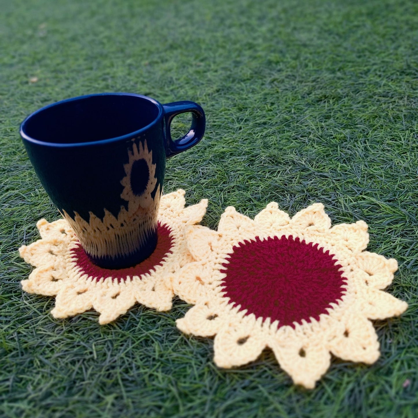 Hand Crocheted Flower Inspired Coasters. Sunflower Design. These can be customised as per requirements from buyers. We can customize colours, designs, themes and sizes for these.