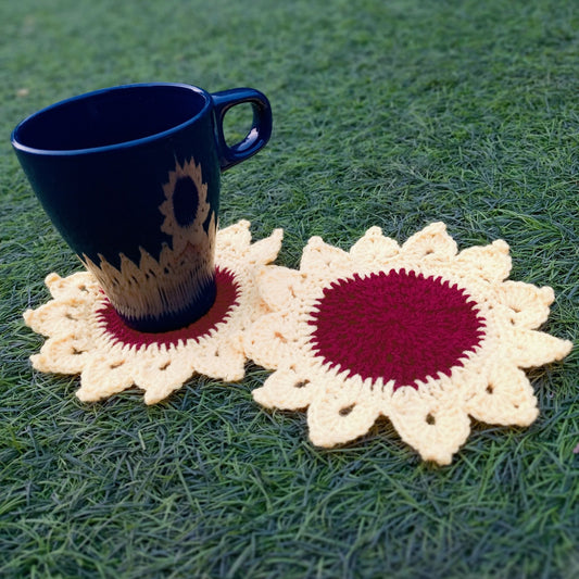 Hand Crocheted Flower Inspired Coasters. Sunflower Design. These can be customised as per requirements from buyers. We can customize colours, designs, themes and sizes for these.