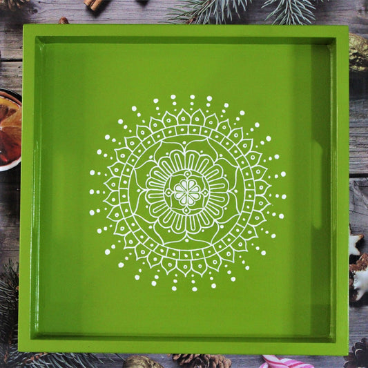Traditional Aipan Inspired Hand Painted Wooden Serving Tray with Coaster Set