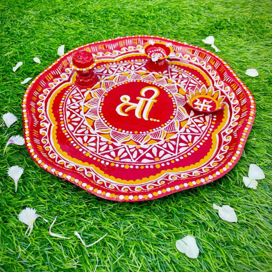 Large Size Hand Painted Puja Thalis for all occasions. Whether its Diwali, Bhaiya Dooj, Karwa Chauth, these hand painted aipan inspired puja thalis would be the perfect addition to your decor. Has different partitions each for diya/ lamp, tika / roli, chawal / rice and agarbatti too. 