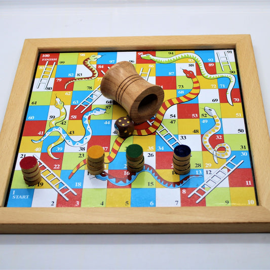 Colourful Wooden Magnetic Snakes and Ladders for two to four players.