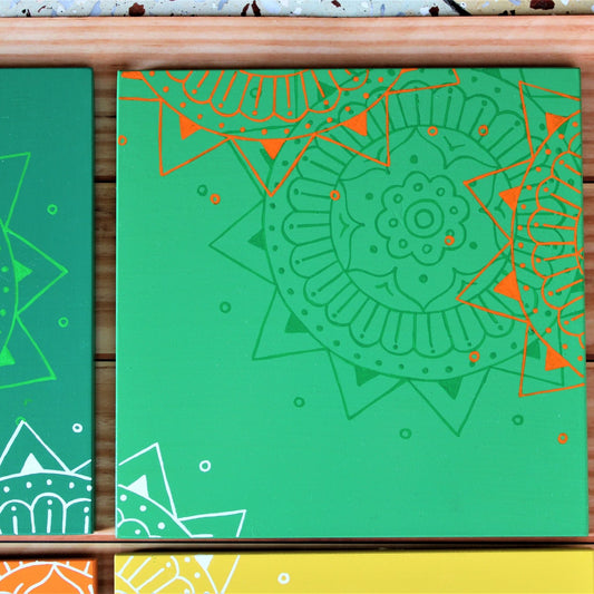 Kumouni Aipan Inspired Wall Frame Tile Handpainted in Green and Orange Colors.