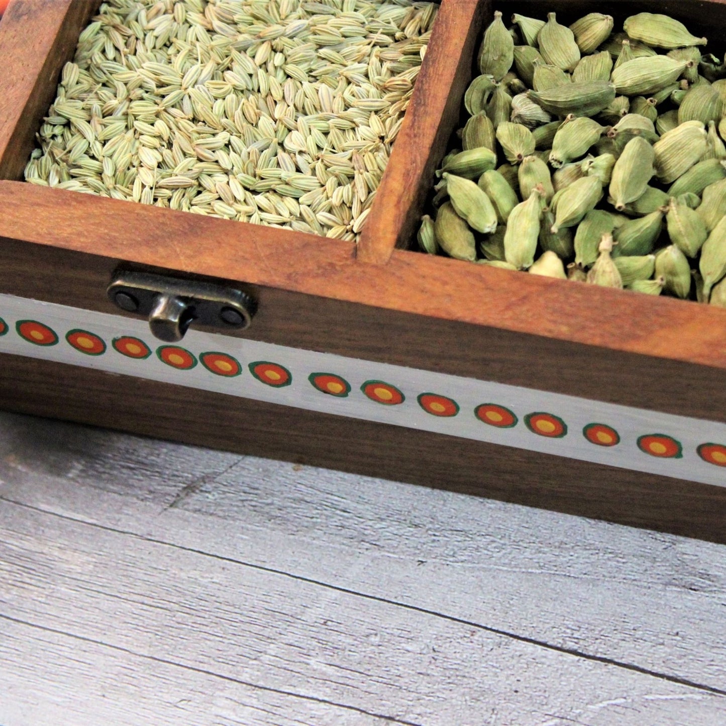 Aipan Inspired Hand Painted Rosewood Sheesham Wood Spice and Tea and condiment storage box. Twelve Large Partitions. Store up to 12 different  spices cleanly in a single rosewood spice box with glass top.