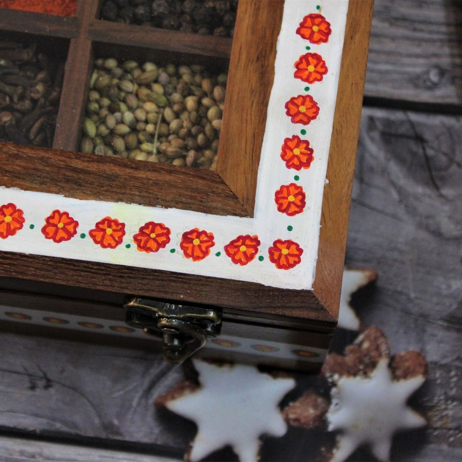 Aipan Inspired Hand Painted Rosewood Sheesham Wood Spice and Tea and condiment storage box.