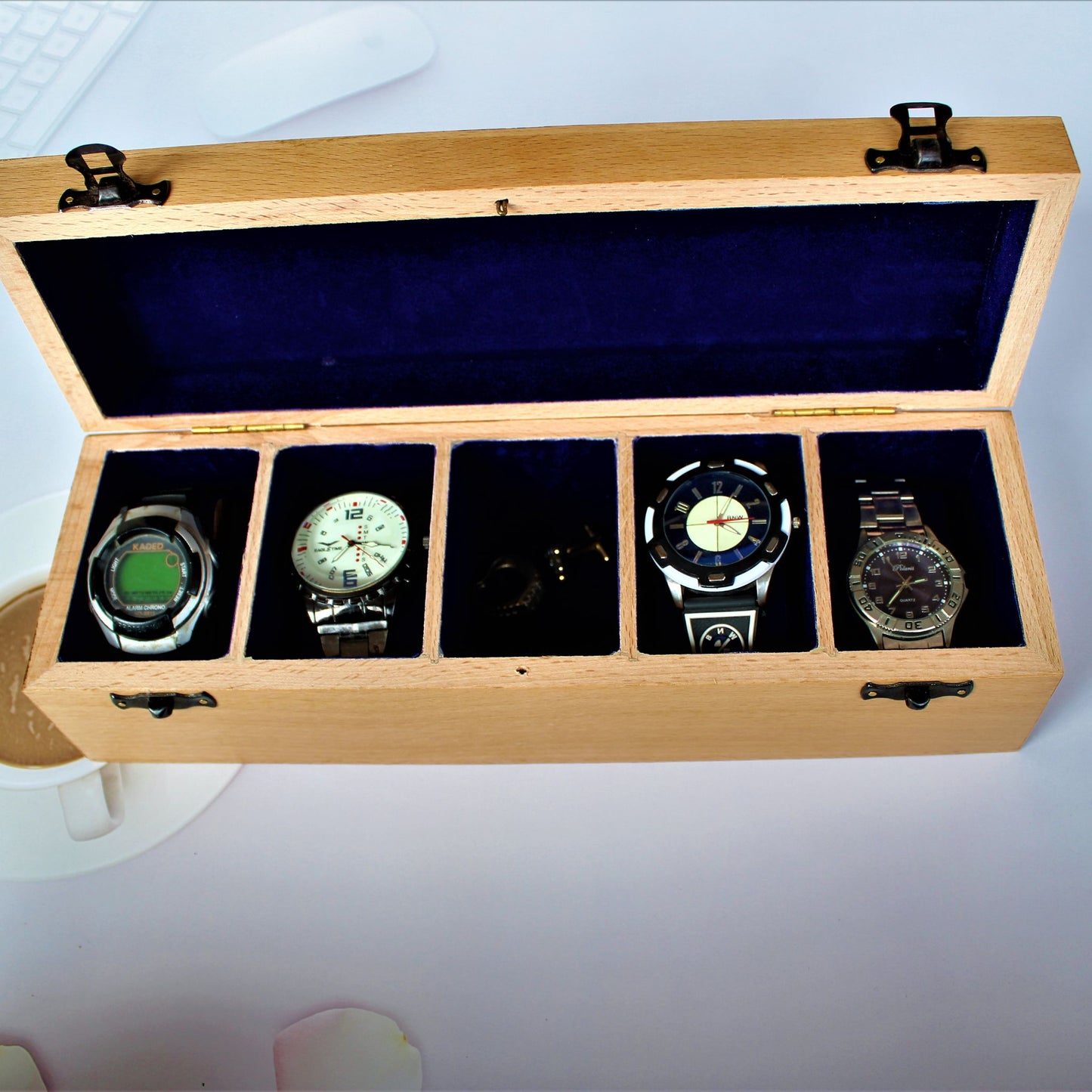 Laser Engraved Beech Wood Watch Box with slots for five watches.