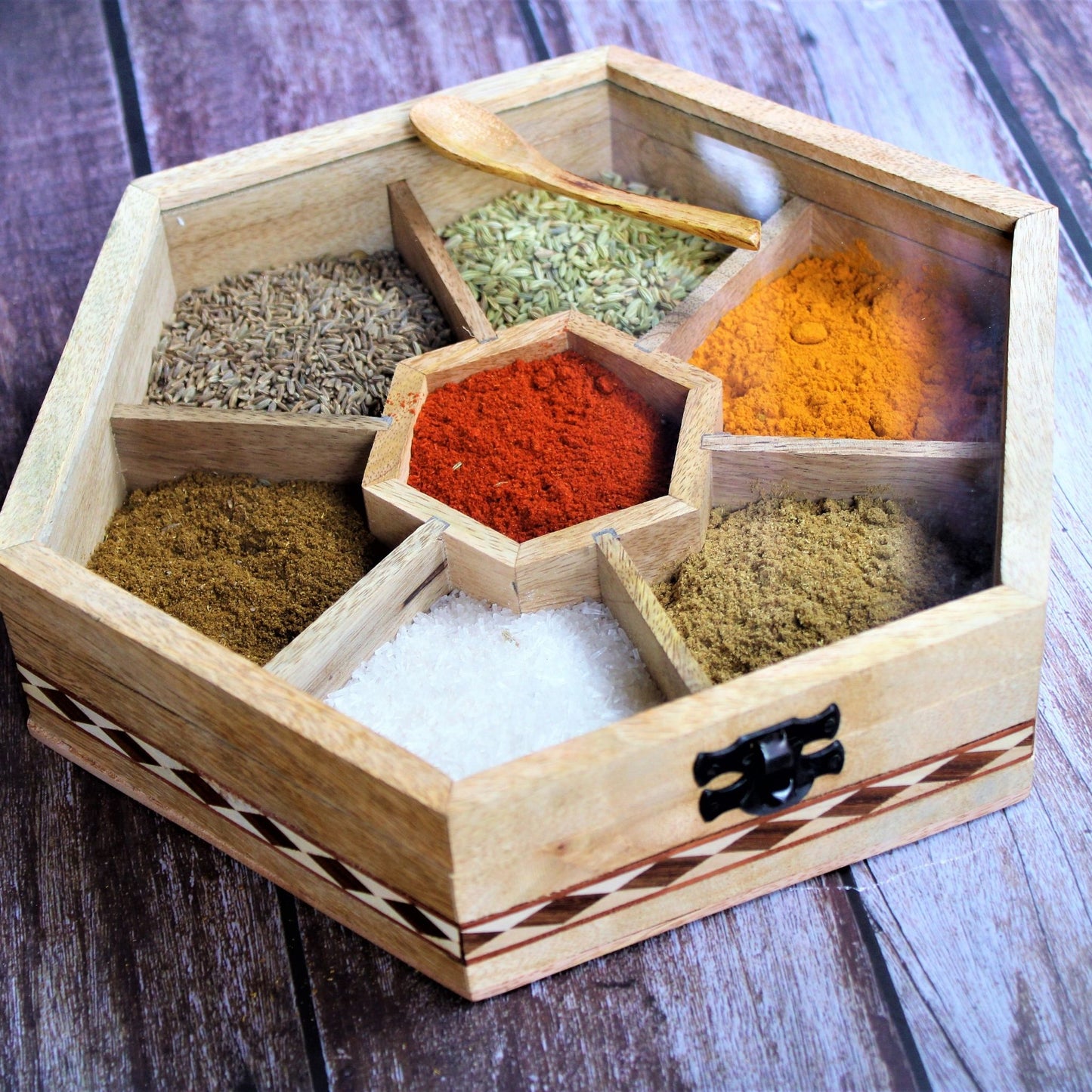 Handcrafted Sheesham & Mango Wood Dry Fruit / Dry Spice / Whole Spices Storage Box with Glass Top