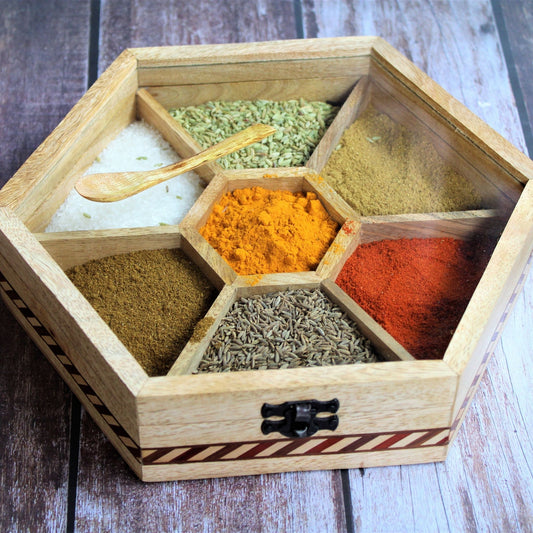 Handcrafted Wooden Spice Box / Masala Dani Hexagon Shaped with Glass Top & Wooden Spoon