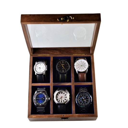 Rosewood Wooden Watch Storage Box for six watches and glass top. Velevt Lining inside. Box can be customised too.