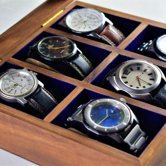 Rosewood Wooden Watch Storage Box for six watches and glass top. Velevt Lining inside. Box can be customised too. This one shows how the six watches fit into the box.