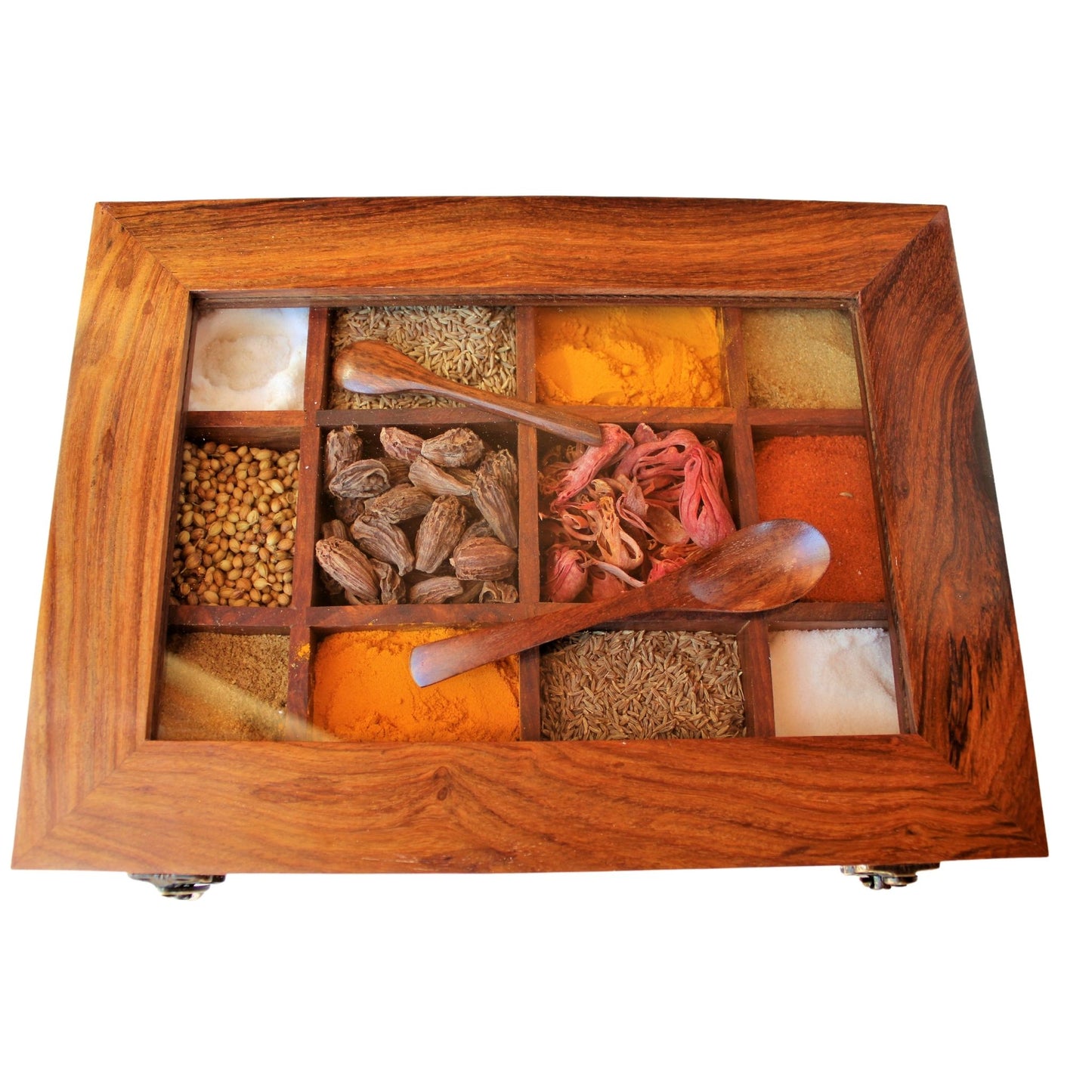 Handcrafted Sheesham/Rosewood Spice Box/Masala Dani with Glass Top & Wooden Spoon