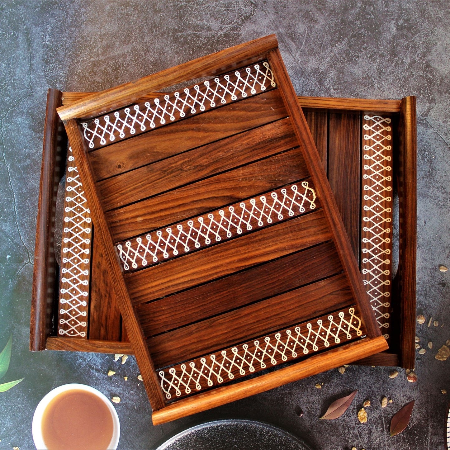 Kolam Inspired Hand Painted Sheesham Wood Serving Tray Set