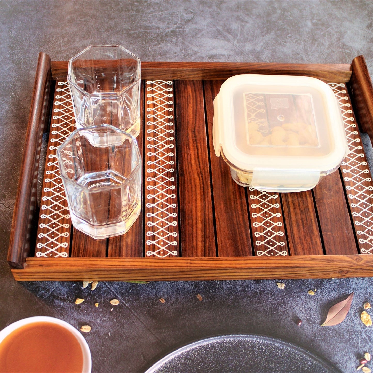 Kolam Inspired Hand Painted Sheesham Wood Serving Tray Set