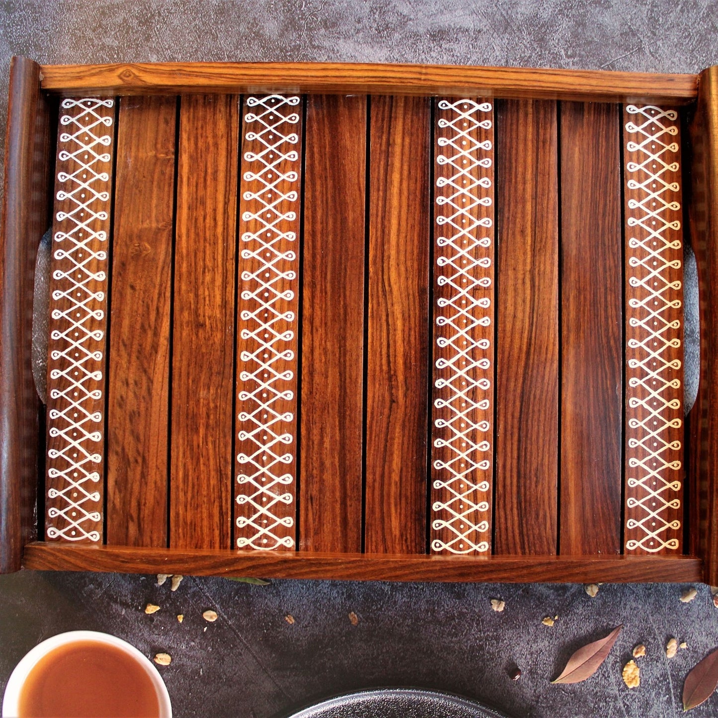 Kolam Inspired Hand Painted Sheesham Wood Serving Tray Set