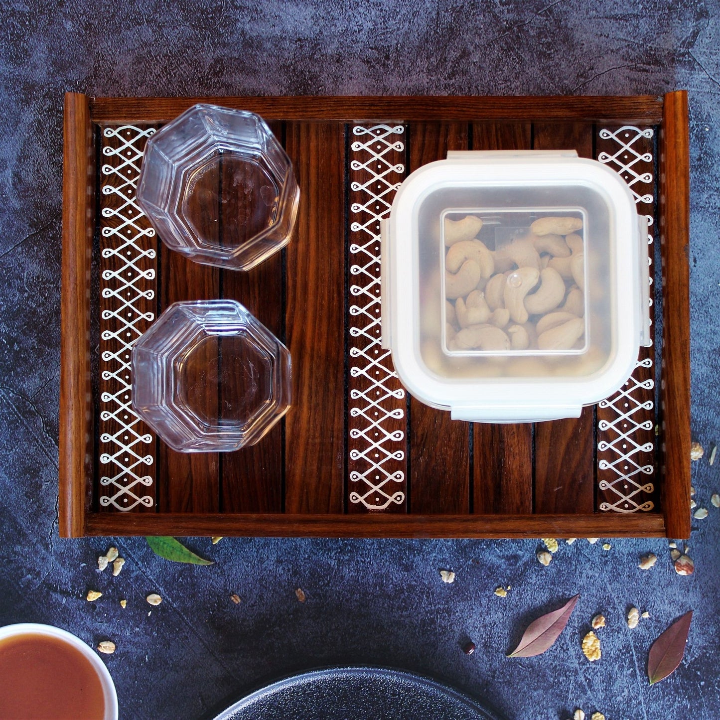 Kolam Inspired Hand Painted Sheesham Wood Serving Tray Set