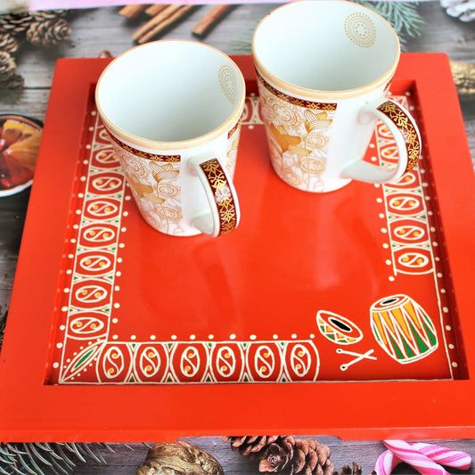 Traditional Aipan Inspired Hand Painted Wooden Serving Tray