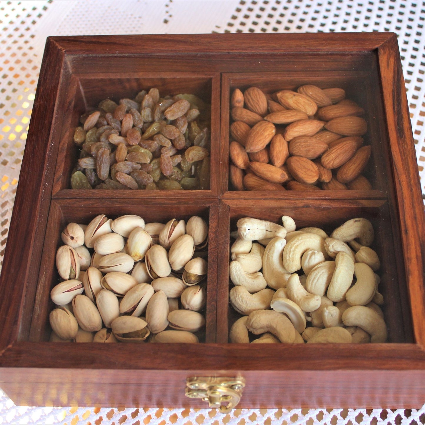 Rosewood Dry Fruit Box / Spice Box / Masala Box with Glass Top