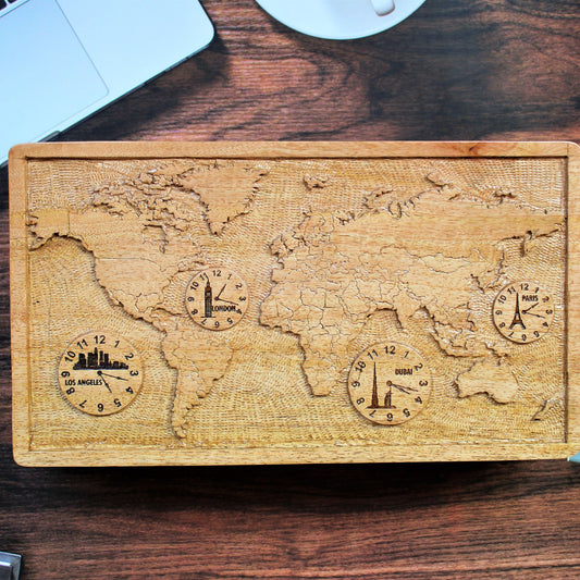 Vintage 'World Map & Clock' Hand Carved & Laser Engraved Multipurpose Watch / Spectacles / Sunglasses / Jewelry Storage Organiser Box